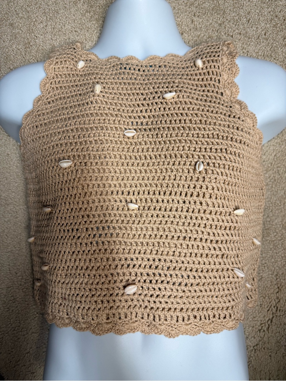 Hand-Crocheted Beige Shell-Embellished Crop Top